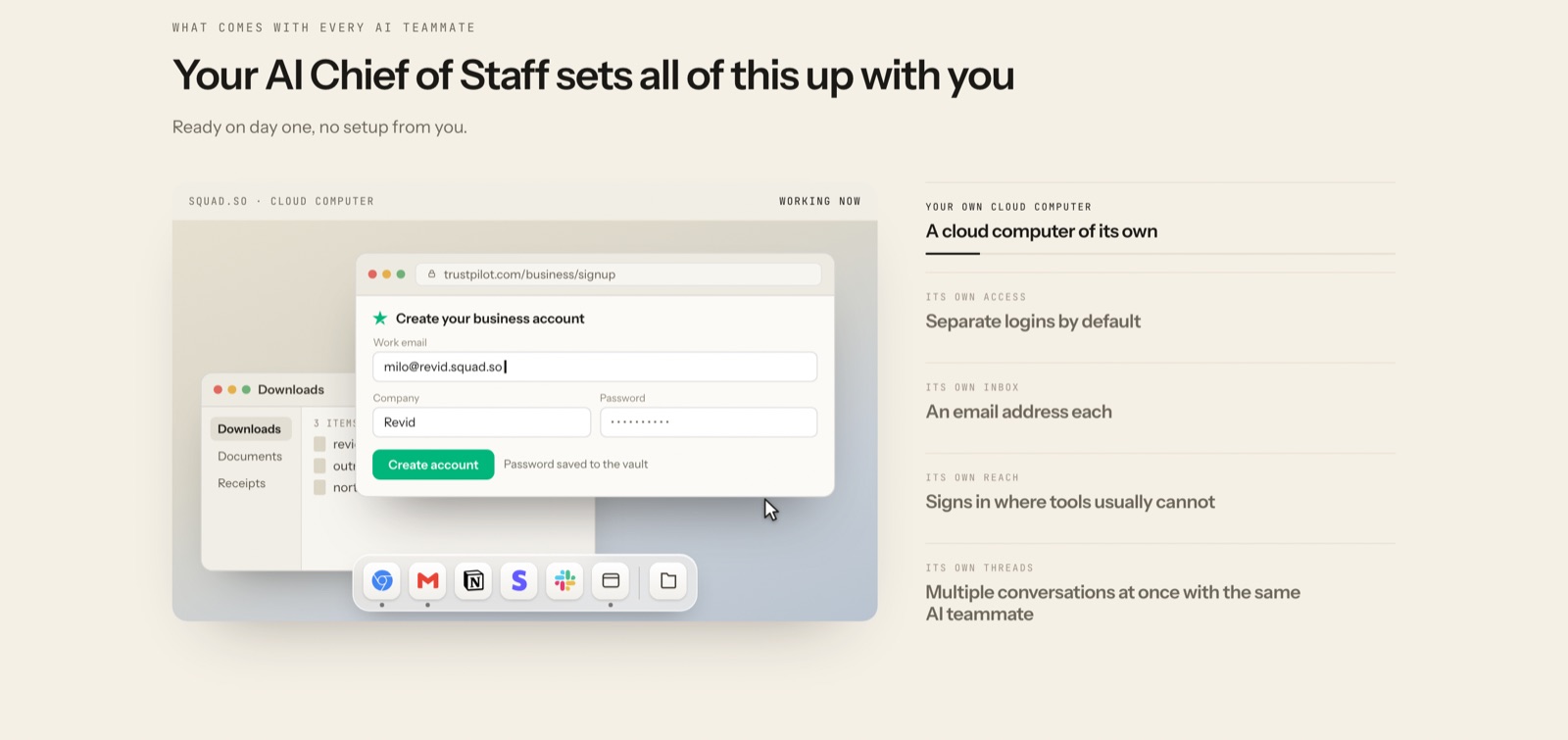Squad’s “AI Chief of Staff” section: a cloud computer signing up for a business account, next to the list of what each teammate gets
