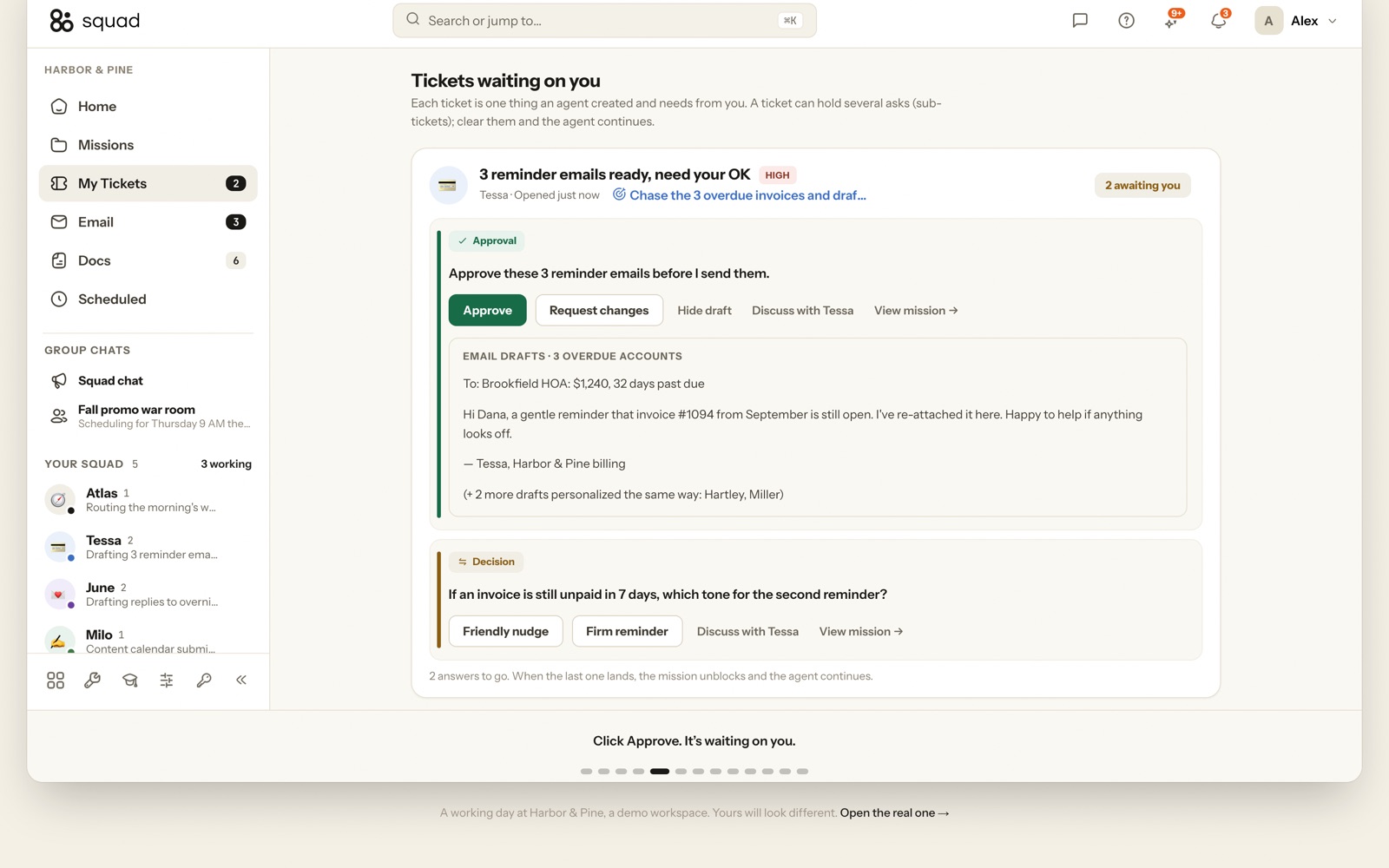 A Squad approval ticket for three invoice reminder emails, with Approve and Request changes buttons
