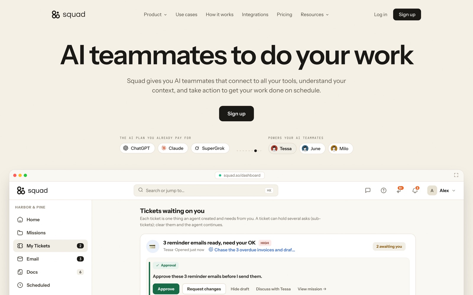 The squad.so homepage: "AI teammates to do your work" with a preview of the Squad dashboard