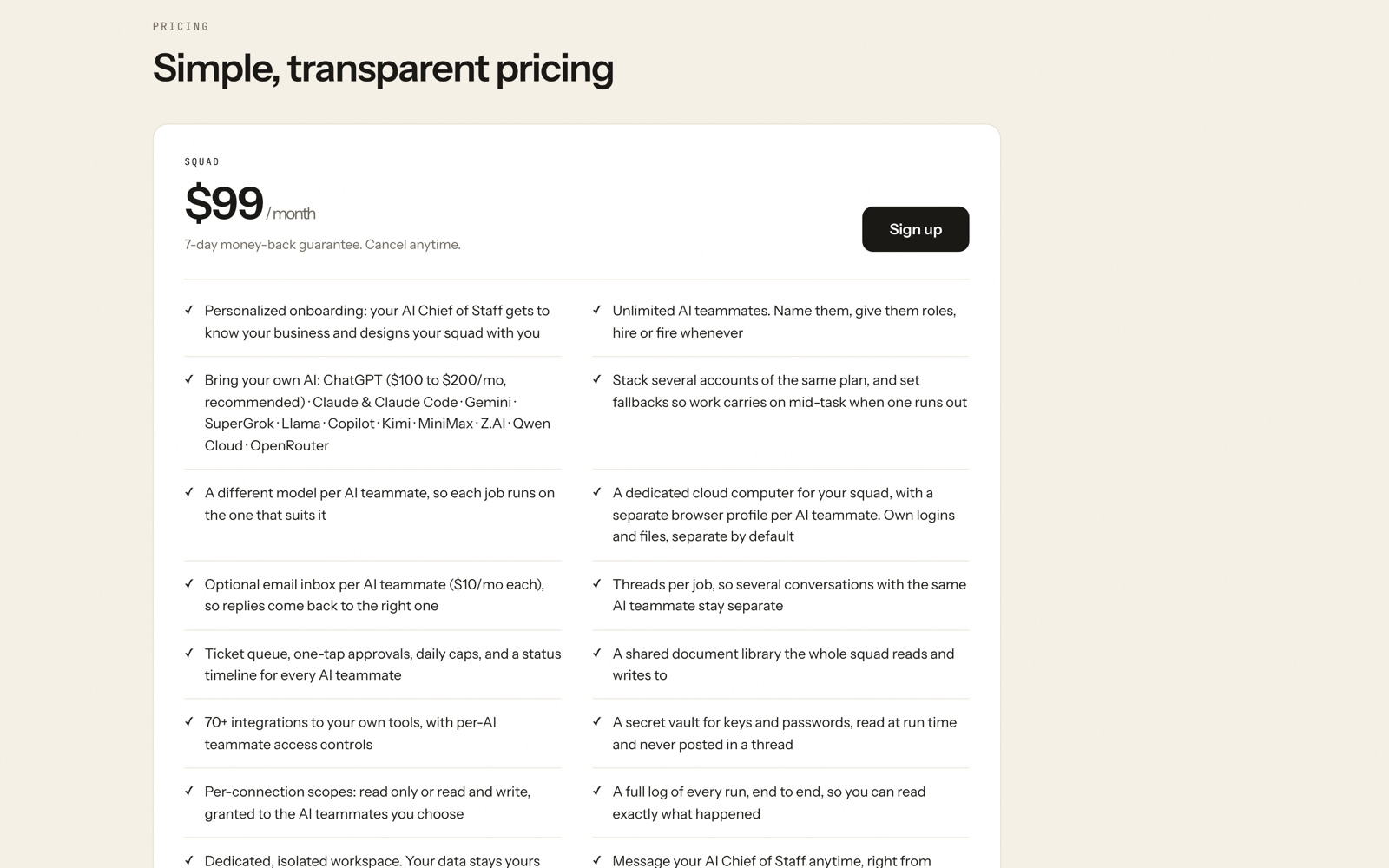 Squad's pricing card: $99 per month with a 7-day money-back guarantee