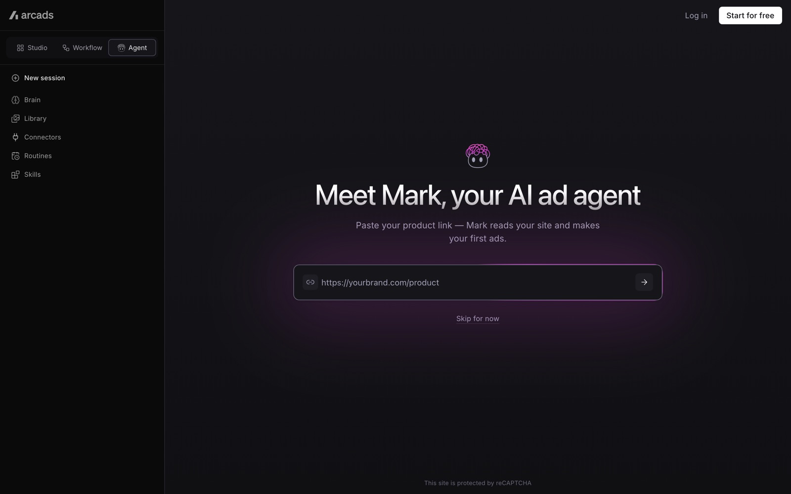Arcads landing screen: 'Meet Mark, your AI ad agent' with a box to paste a product link