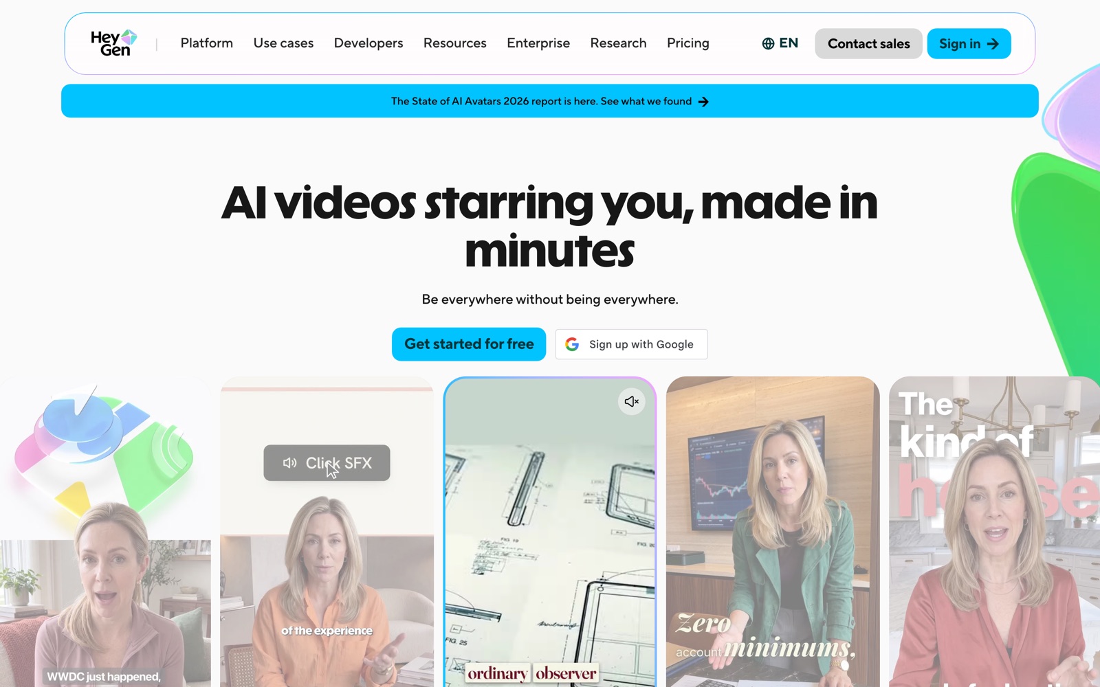 HeyGen homepage: create realistic AI videos of yourself in minutes