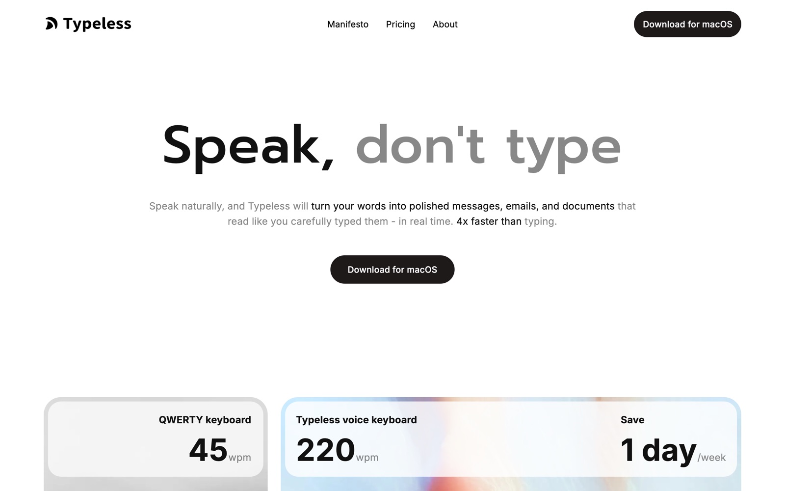 Typeless homepage: AI voice dictation that's actually intelligent